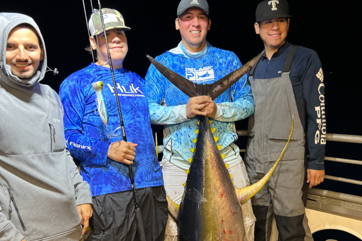 Four men on a boat hold a large tuna, one man holding a fishing rod, at night.